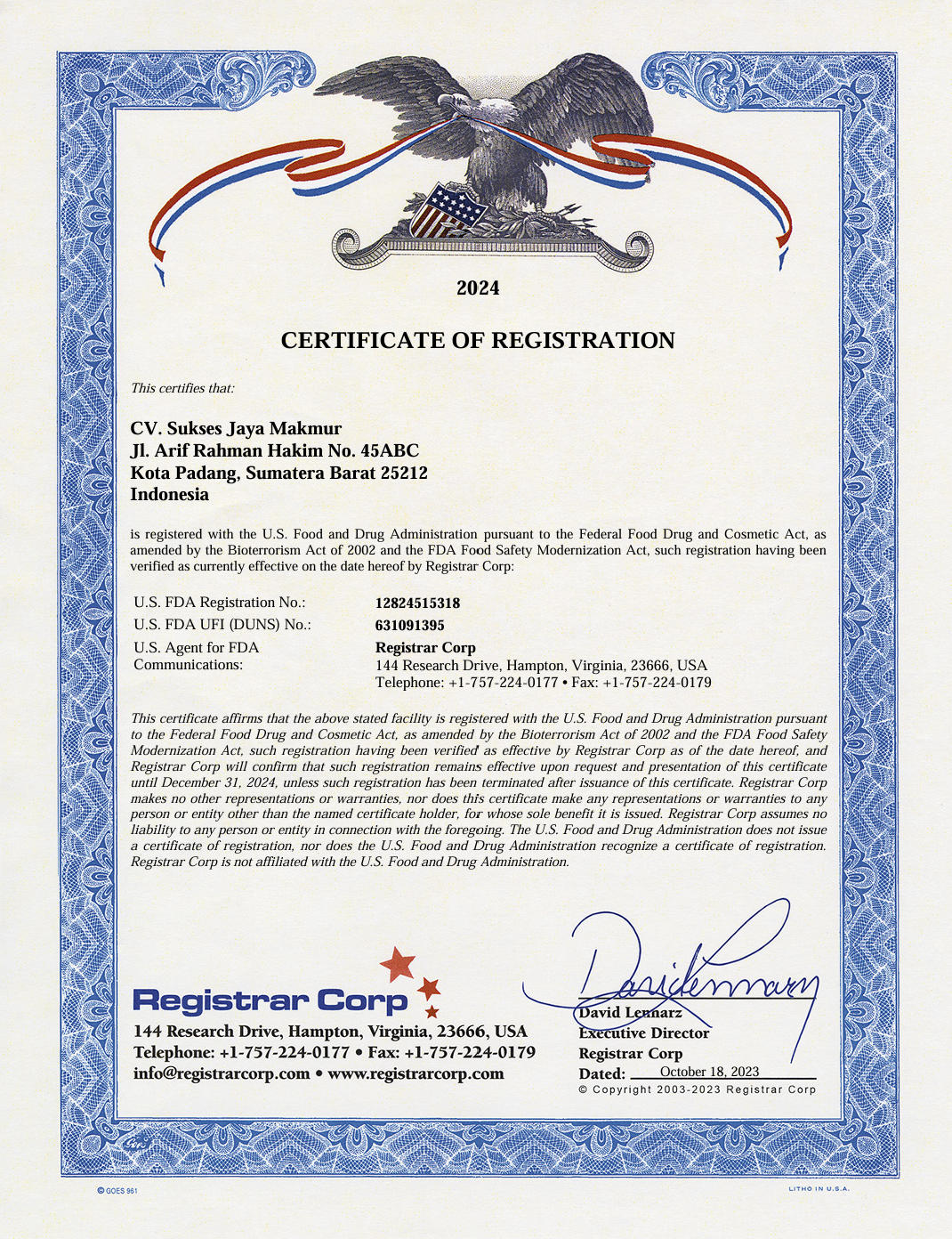 FDA Certificate